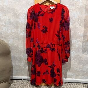 Bright Red Floral Long-Sleeve Mini Dress by Unknown Brand